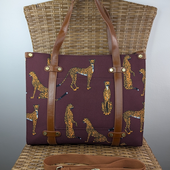 Modcloth Camp Director Cheetah Motif Zipped Tote Shoulder Bag Brown Canvas - Picture 1 of 13